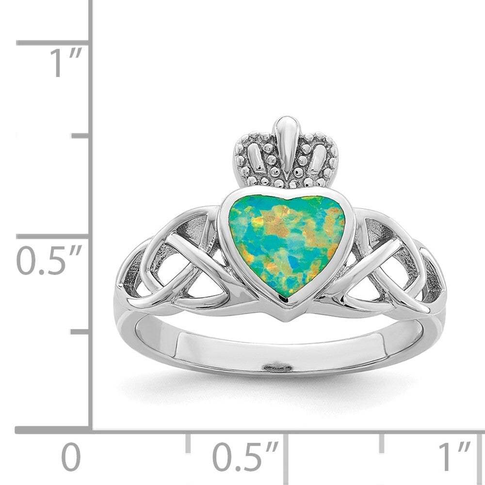 Sterling Silver Rhod-plated Lab Created Opal Celtic Knot Crown Ring Size 7