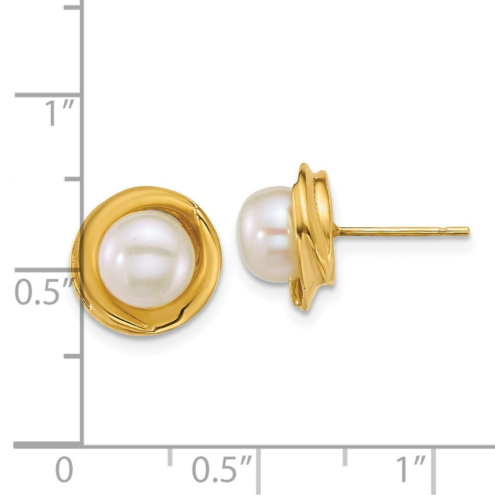 14k Yellow Gold Polished 7mm Button Freshwater Cultured Pearl Stud Earrings