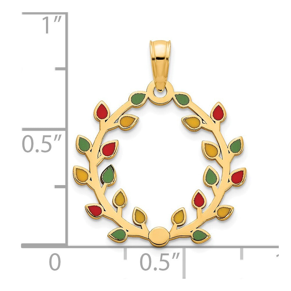 14k Yellow Gold Polished Epoxy Christmas Light Wreath Pendant for Women