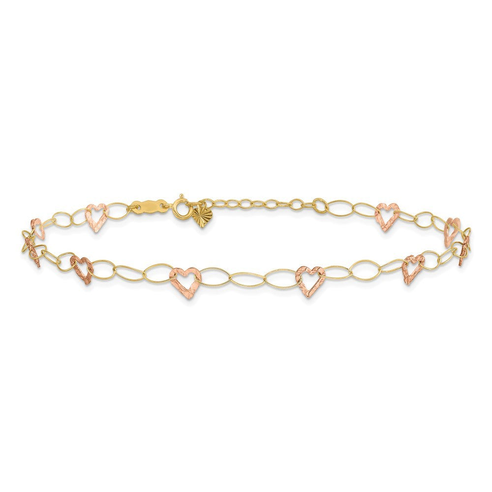 14k Two-tone Hammered Open Hearts and Oval Link 10" Anklet