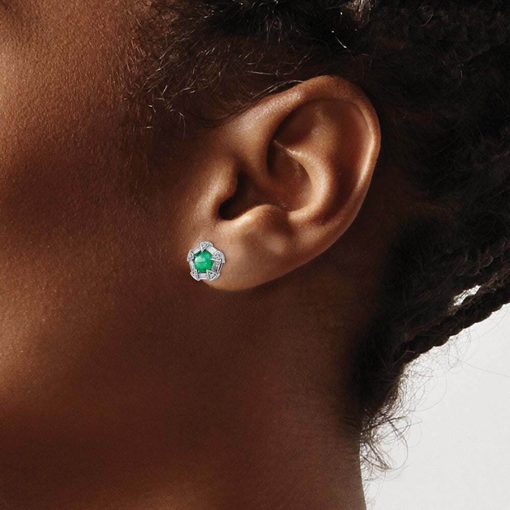14k White Gold Emerald and Diamond Stud Earrings