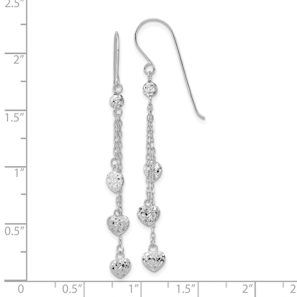 14k White Gold Diamond-Cut Triple Heart Drop Dangle Earrings w/ Shepherd Hook