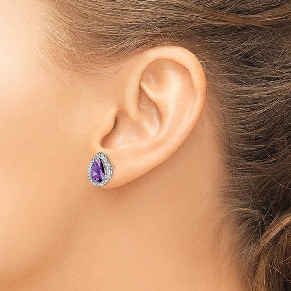 Sterling Silver Rhodium Polished Amethyst & CZ Earrings