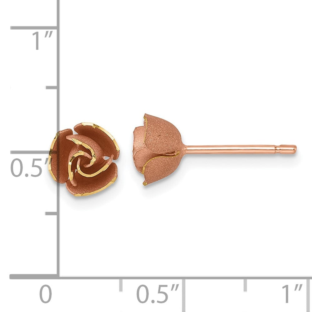 14k Yellow Gold Rose Rhodium Brushed Rose Flower Stud Earrings Gift for Women