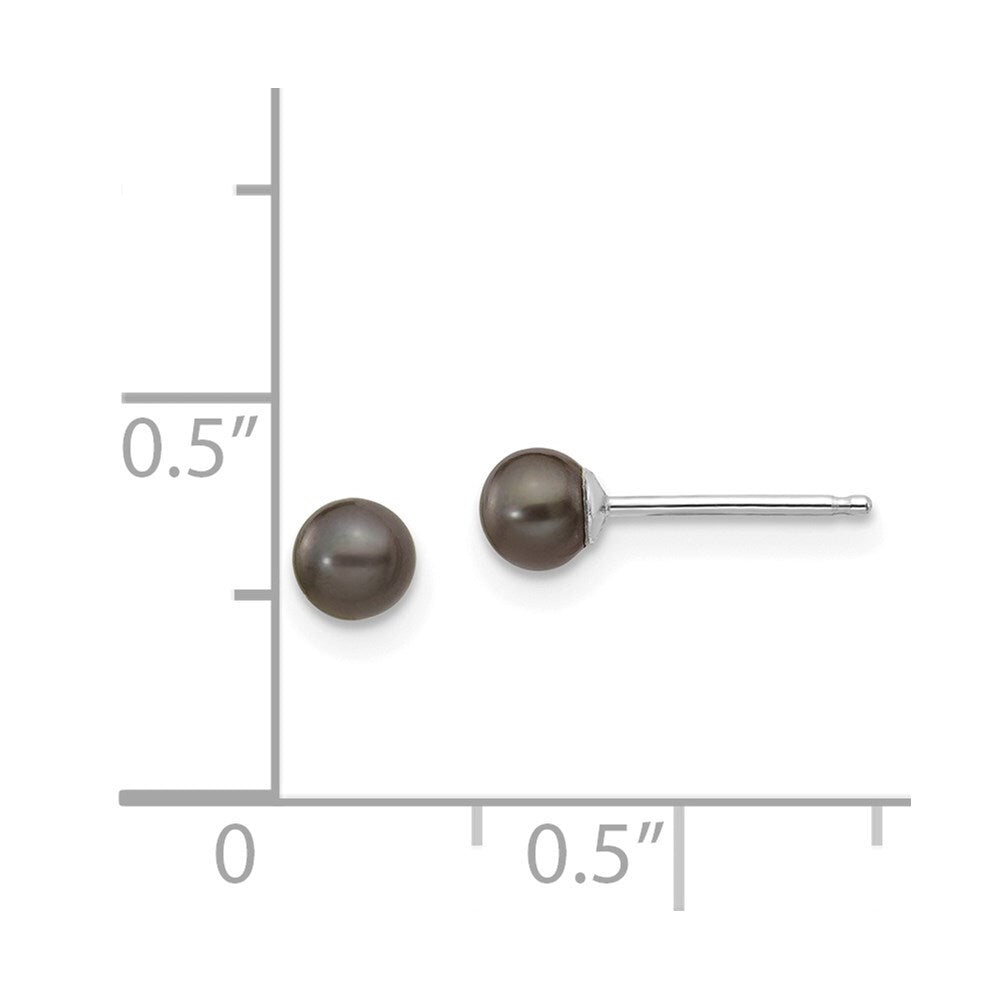 14k White Gold 3-4mm Black Round Freshwater Cultured Pearl Stud Earrings