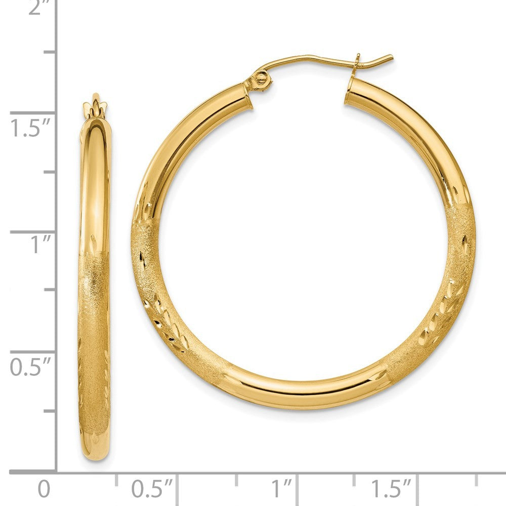 14k Yellow Gold Satin and Diamond-cut 3mm Round Hoop Earrings