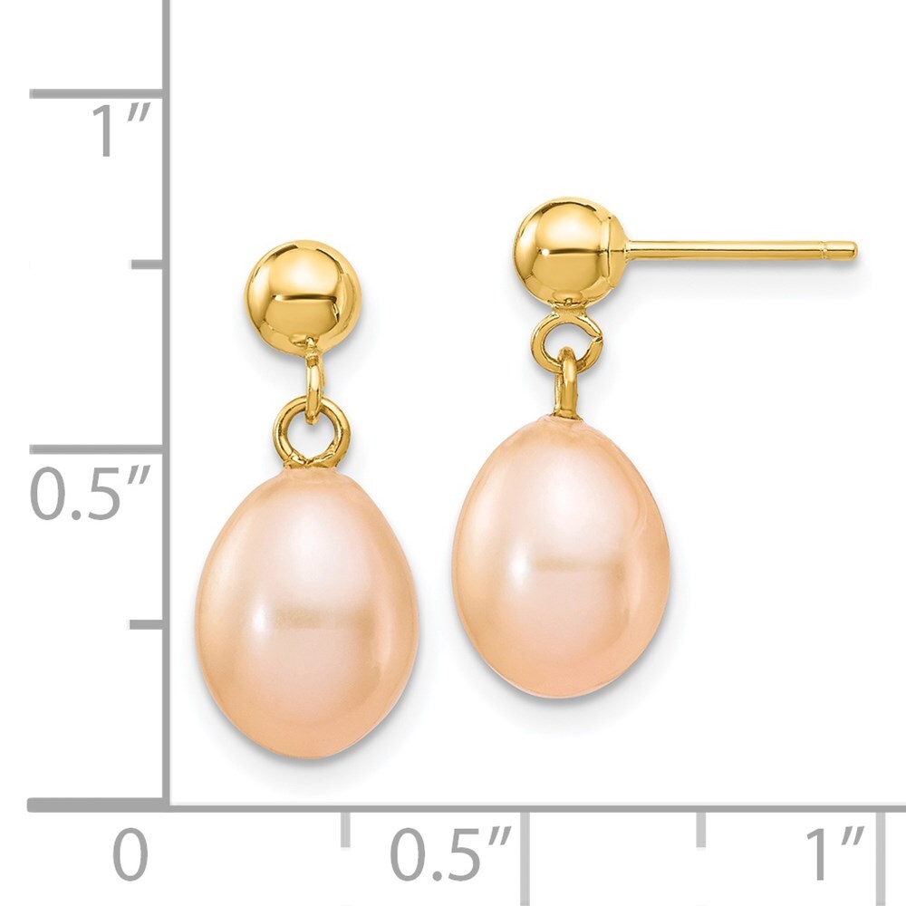 14k Yellow Gold 7-8mm Pink Rice Freshwater Cultured Pearl Dangle Earrings