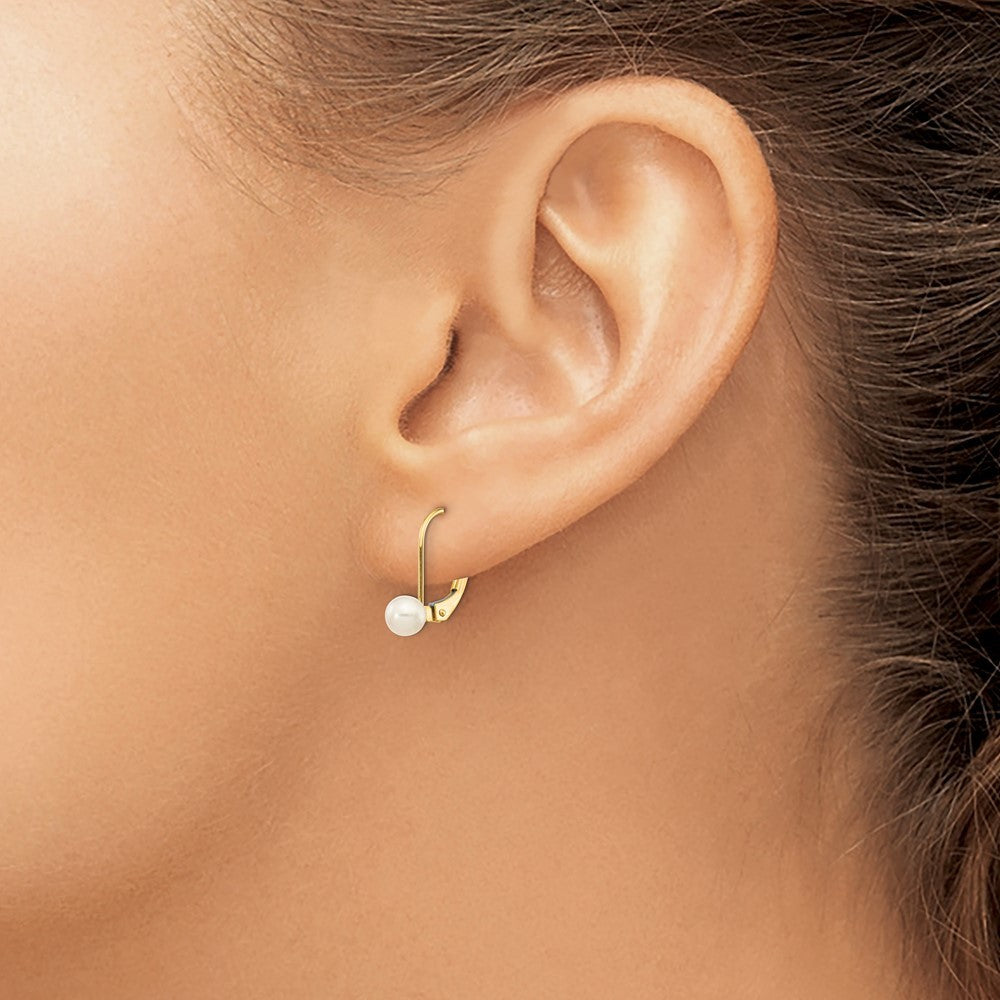 14k Yellow Gold 4-5mm White Round Freshwater Cultured Pearl Leverback Earrings