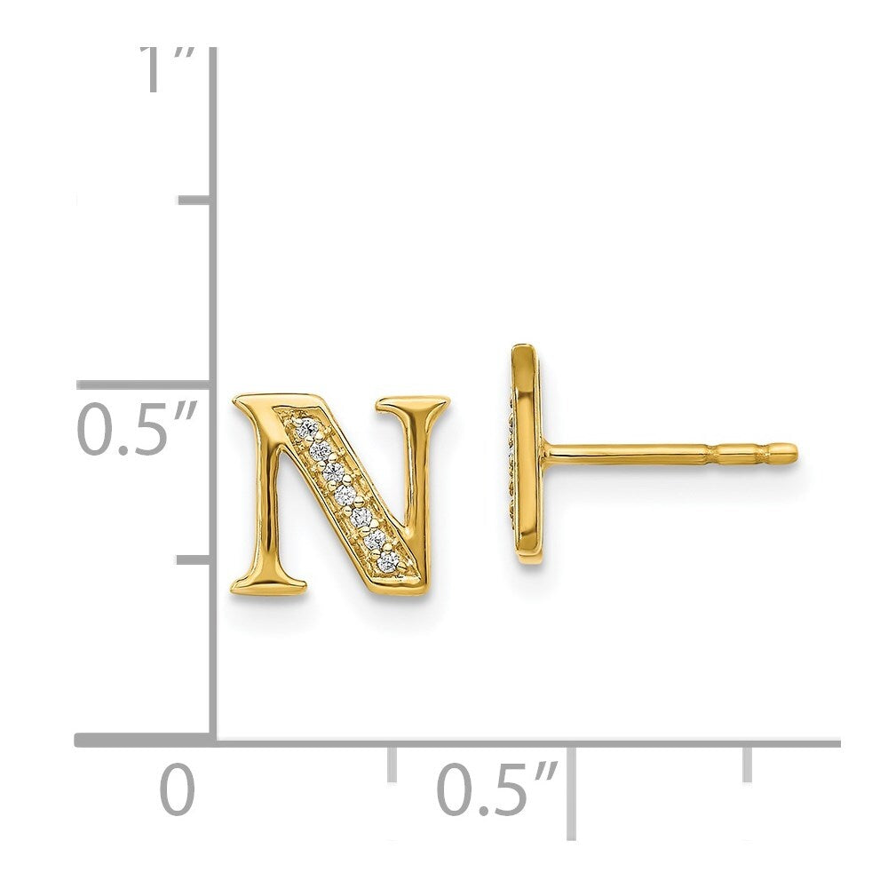 14k Yellow Gold Diamond Initial N Stud Earrings Gift for Women