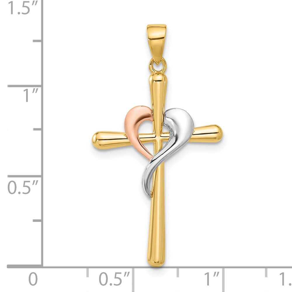 14k Two-tone Gold with White Rhodium Polished Cross with Heart Pendant