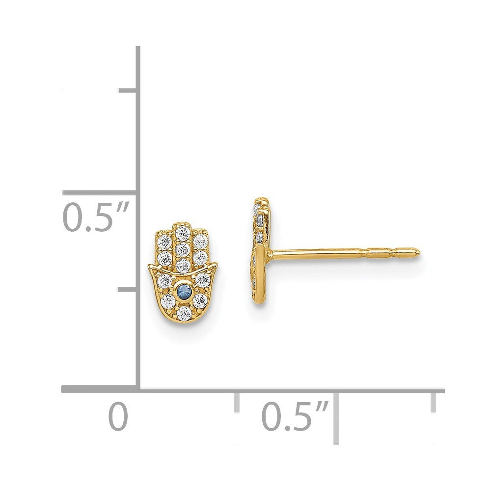 14k Yellow Gold Cubic Zirconia Hamsa Stud Earrings Gift for Women