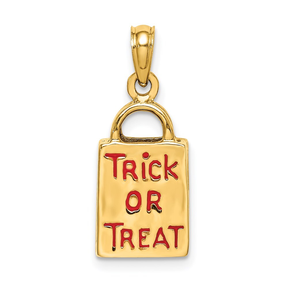 14k Yellow Gold 3-D Enameled Jack-o-Lantern Trick or Treat Bag Charm Pendant