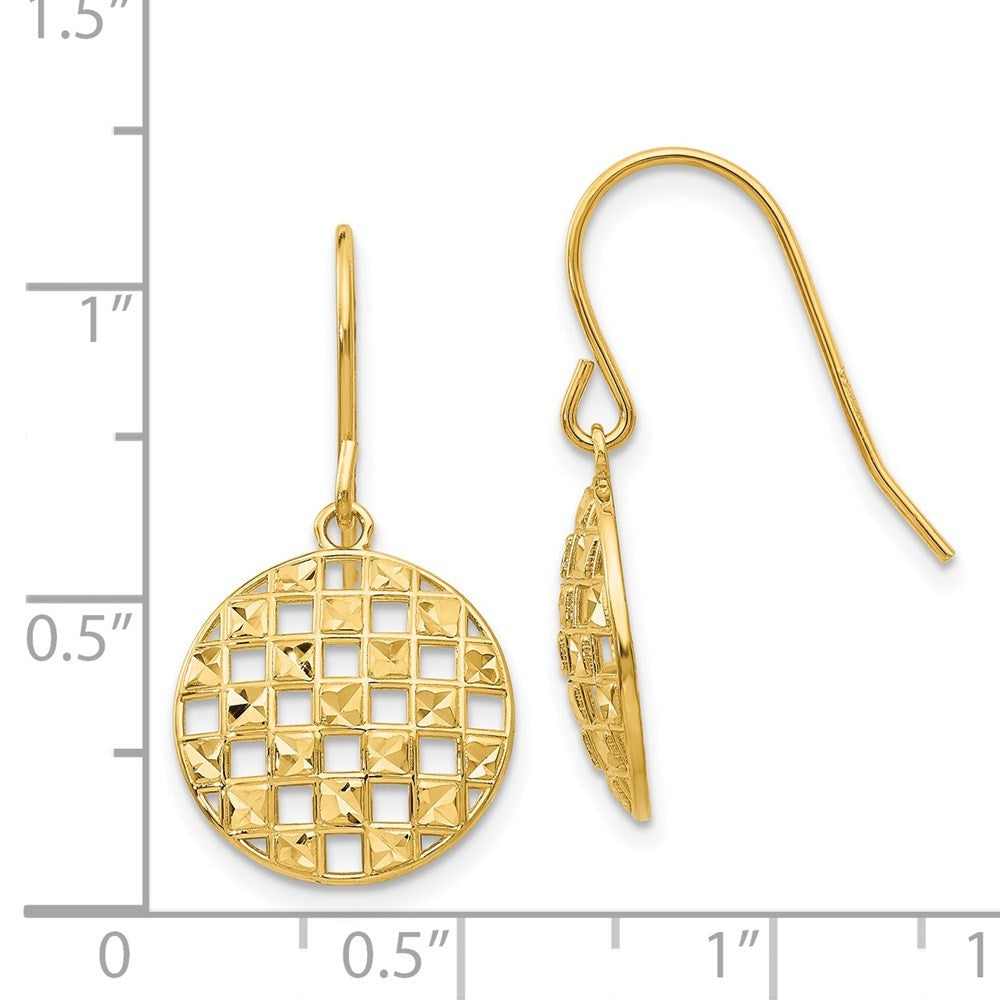 14k Yellow Gold Circle Diamond-cut Drop Dangle Earrings w/ Shepherd Hook