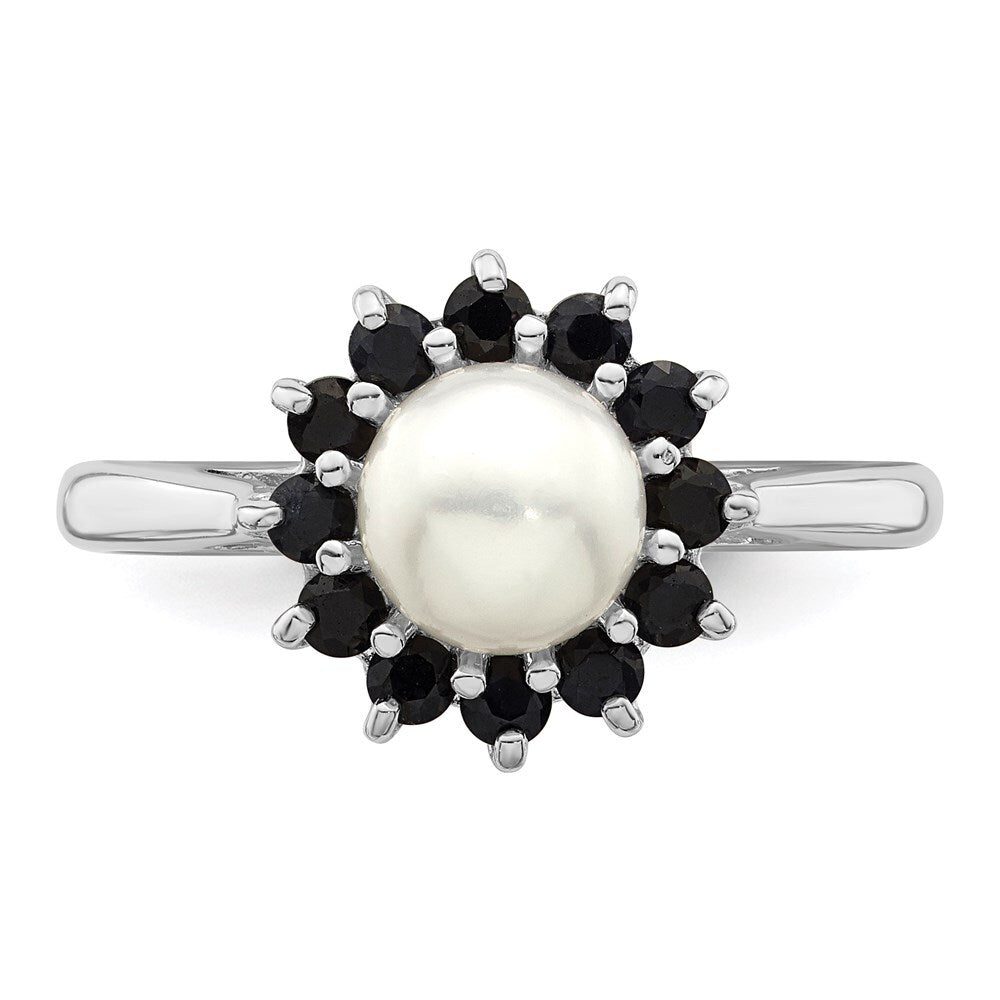 Sterling Silver Rhod 6mm FW Cultured Button Pearl & Sapphire Ring Size 6