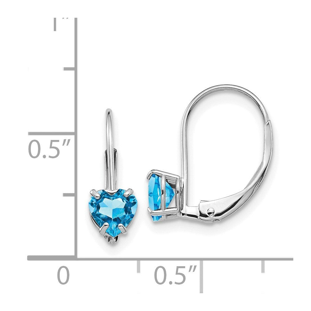 14k White Gold 5mm Heart Blue Topaz Dangle Earrings Leverback Gift for Women