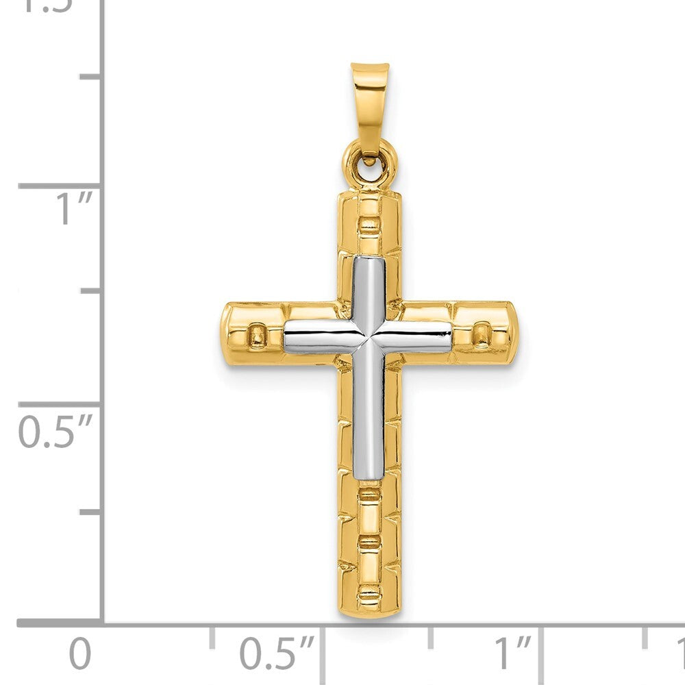 14k Two-tone Gold Textured and Polished Hollow Latin Cross Pendant