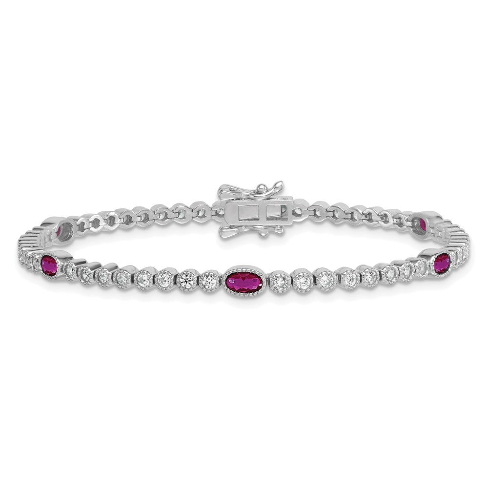 Sterling Silver and Beaded Fancy Oval Red and Round White CZ 7" Bracelet
