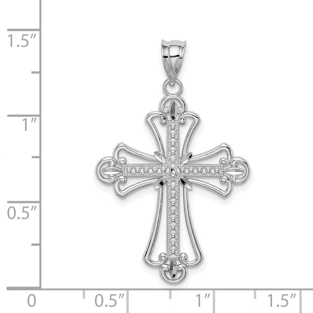 14k White Gold White Polished Diamond-cut Textured Cross Pendant for Women