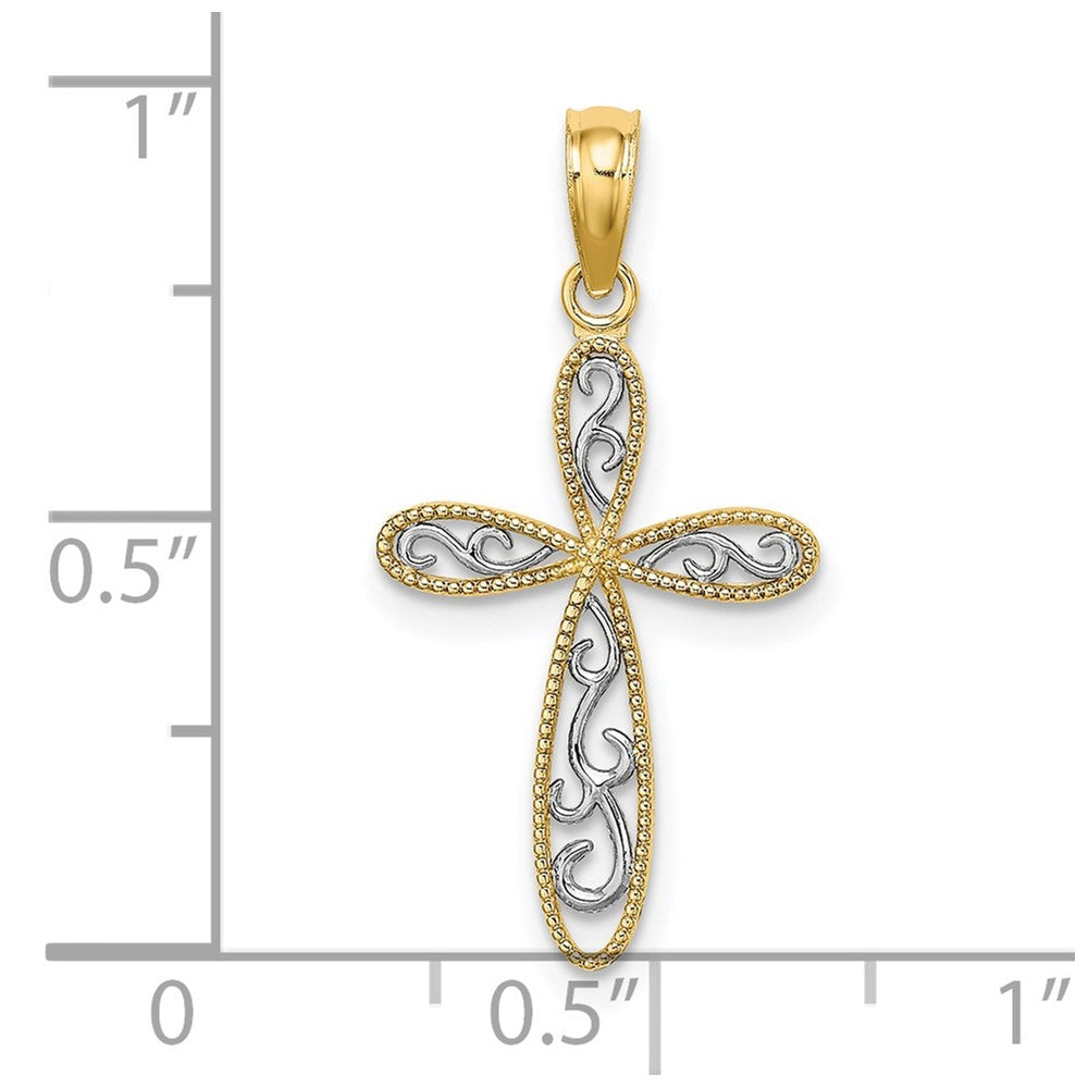 14k Yellow Gold w/ Rhodium Filigree and Milgrain Cross Charm