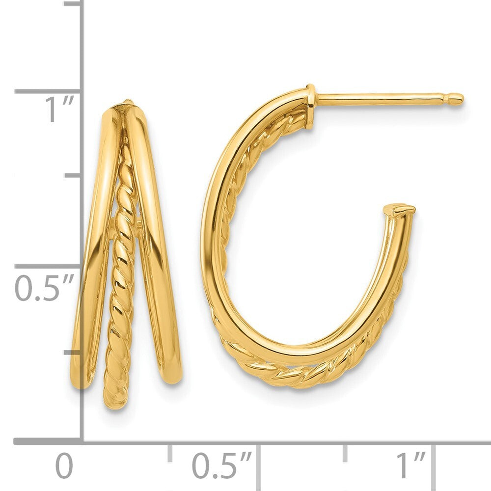 14k Yellow Gold Polished and Twist Oval Multi Row J-Hoop Earrings