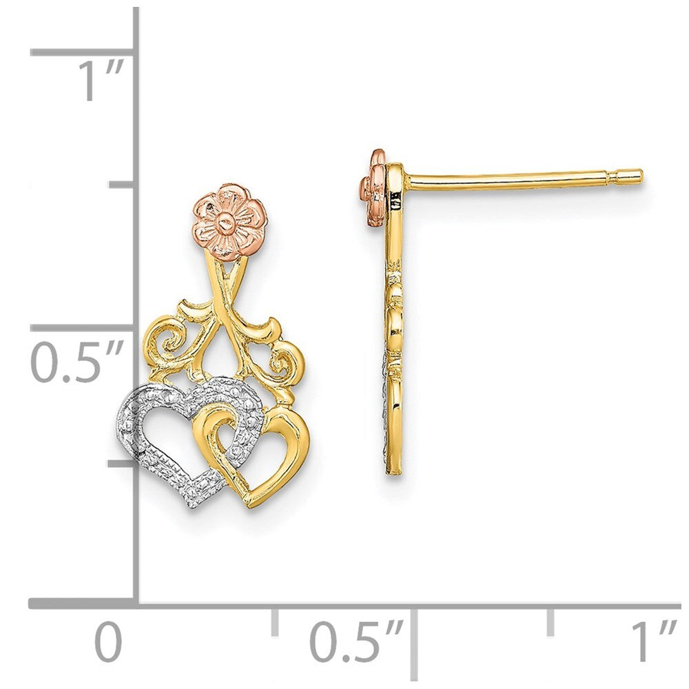 14k Two-tone Gold w/White Rhodium Hearts and Flower Drop & Dangle Earrings