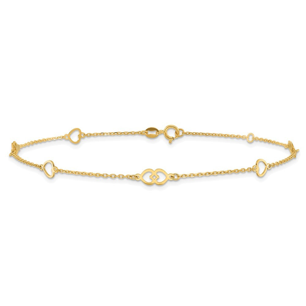 14k Yellow Gold Polished Heart Links and Chain 10" Anklet