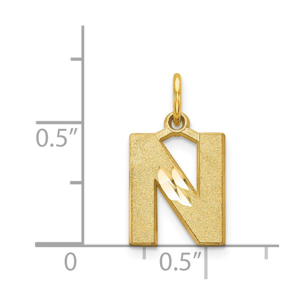 14k Yellow Gold Satin Diamond-cut Letter N Initial Charm Pendant for Women