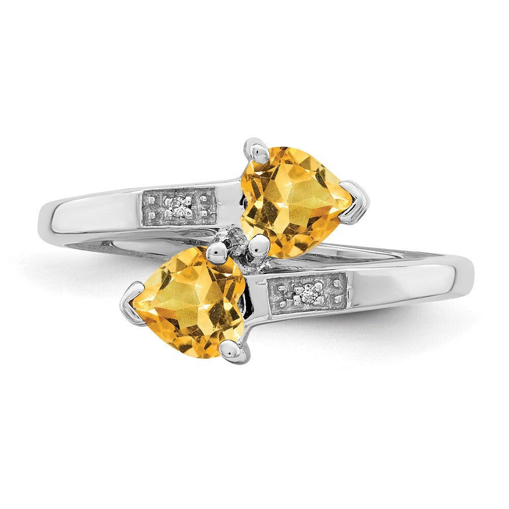 Sterling Silver Rhodium Citrine & Diamond Heart Ring Size 8