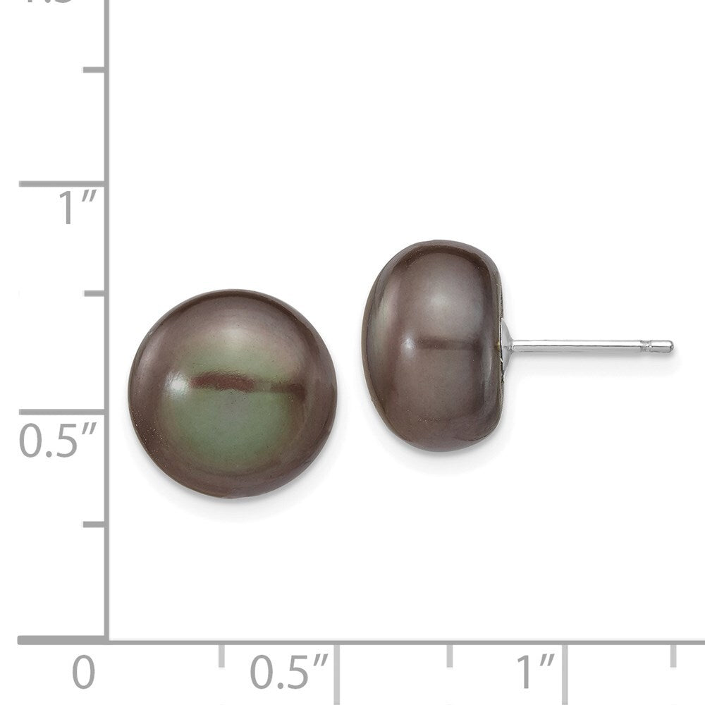 14k White Gold 11-12mm Black Button Freshwater Cultured Pearl Stud Earrings