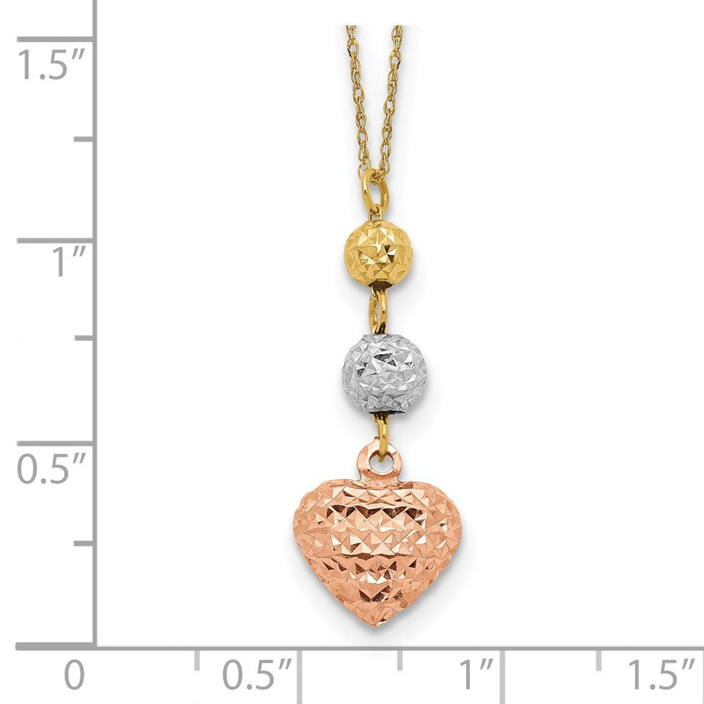 14K Tri-color Gold Ropa Diamond Cut Beads & Heart w/ 2in Ext Necklace