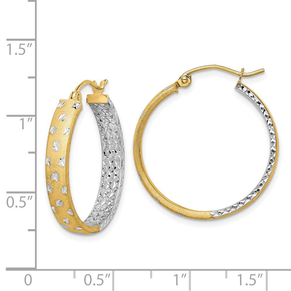 14k Yellow Gold White Rhodium Polished Satin Diamond-cut In/Out Hoop Earrings