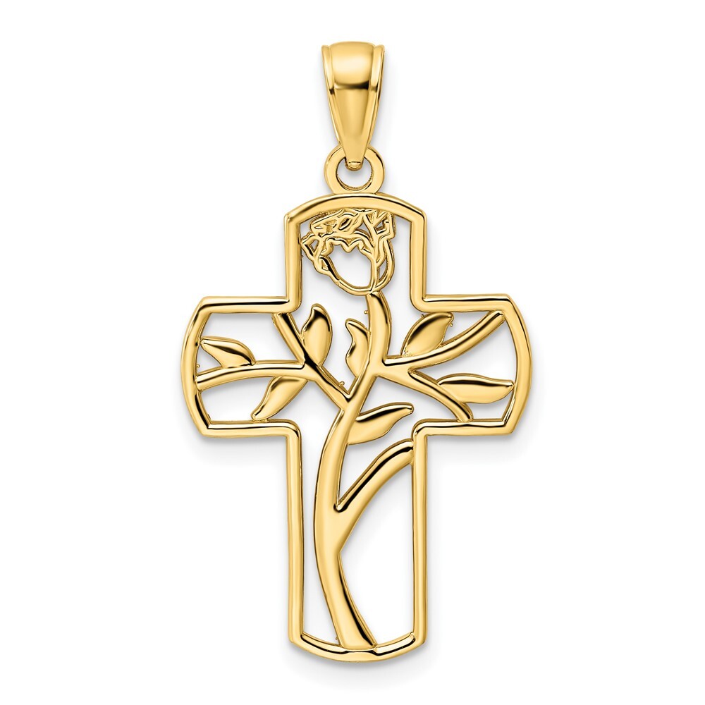 14k Yellow Gold Polished Flower Design Cross Pendant