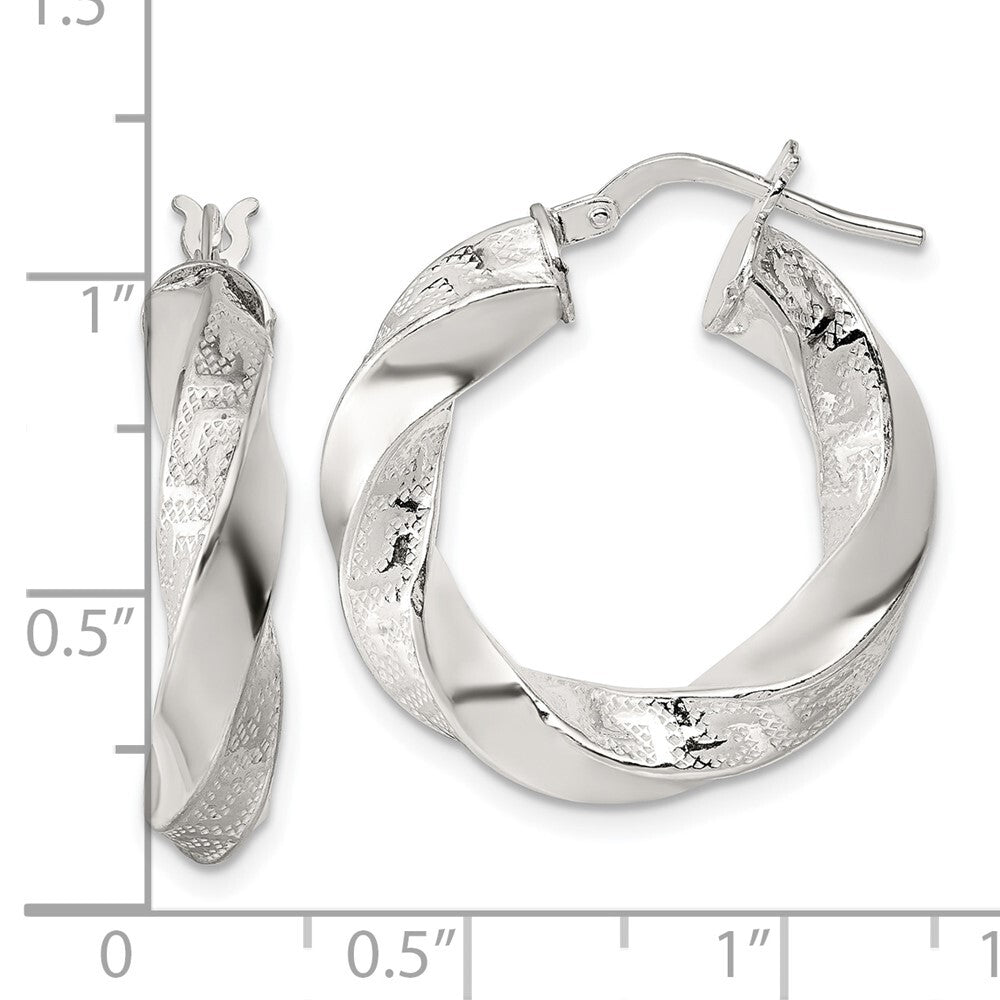 Sterling Silver Polished Greek Key 5mm Twisted Hoop Earrings