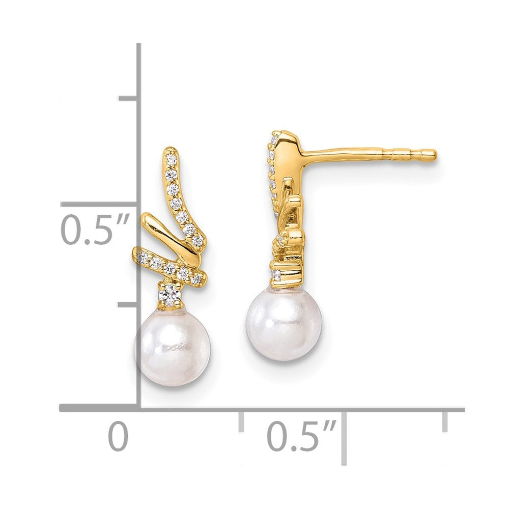 14k Yellow Gold Polished Diamond and Pearl Drop Earrings