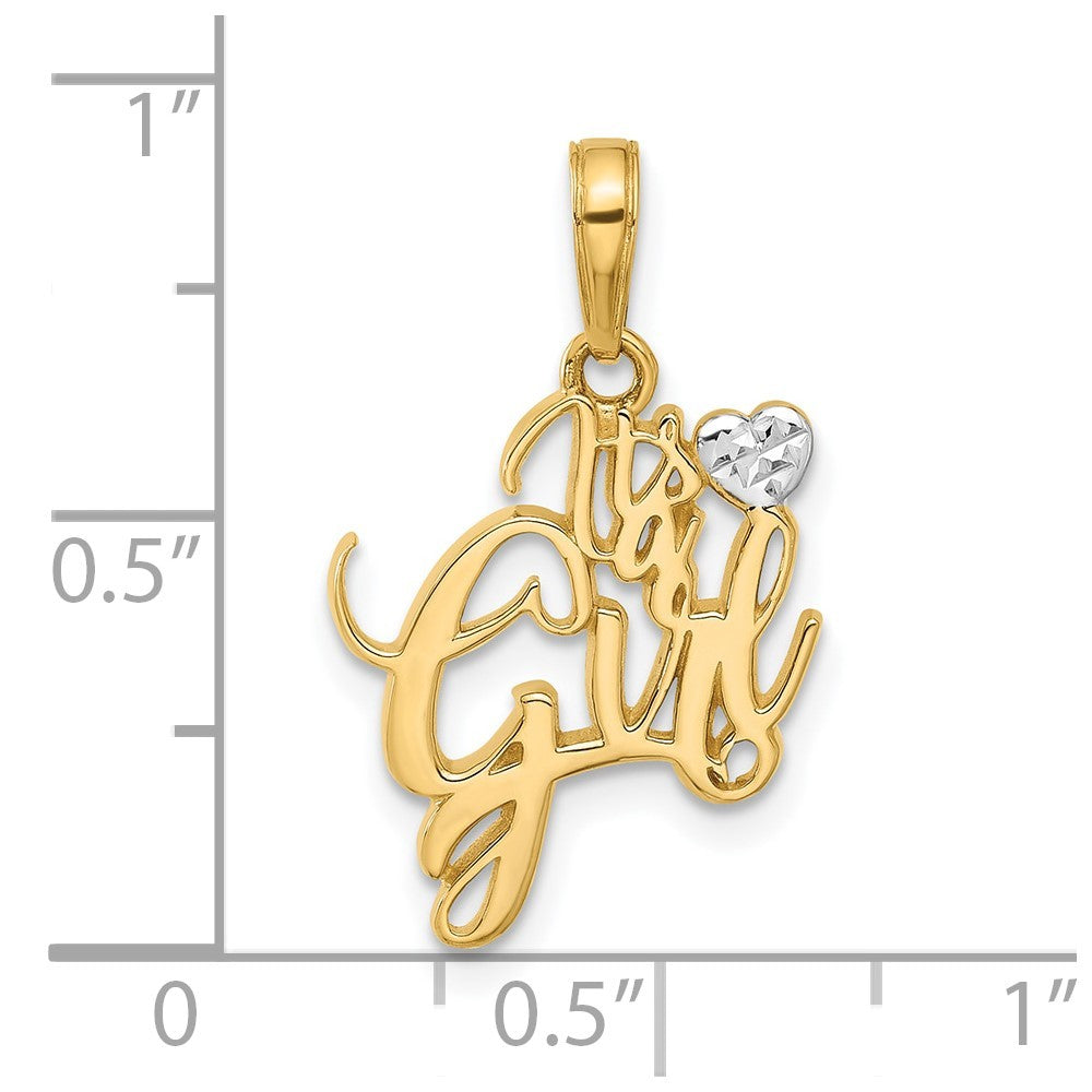 14k Yellow Gold and White Rhodium Diamond-Cut Heart It's A Girl Pendant