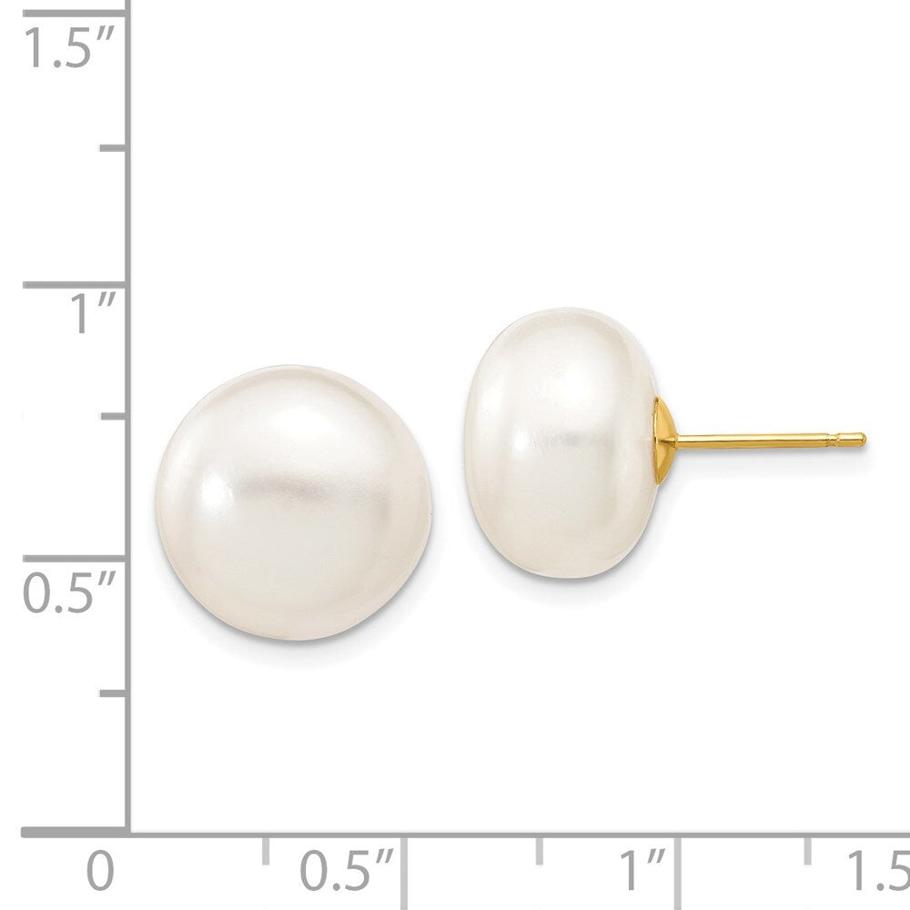14k Yellow Gold 12-13mm White Button Freshwater Cultured Pearl Stud Earrings