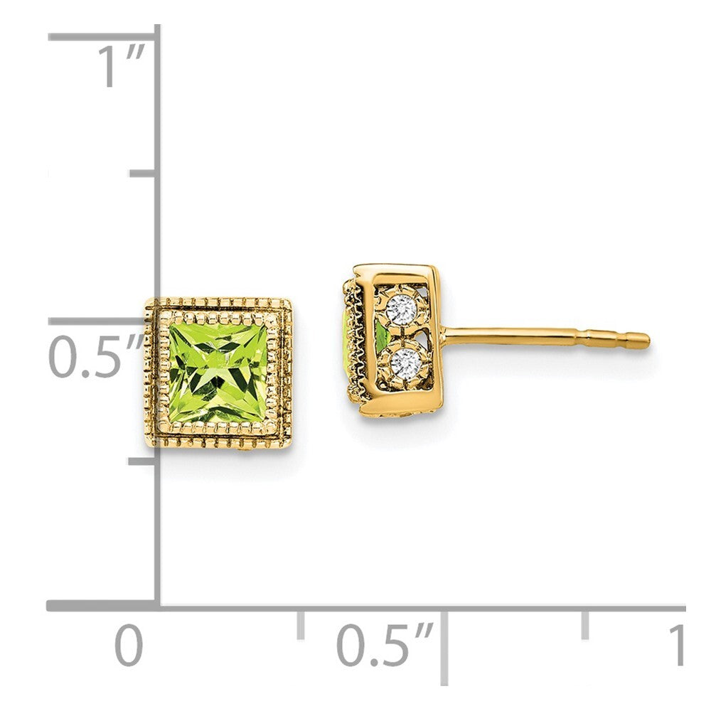 14k Yellow Gold Square Peridot and Diamond Stud Earrings