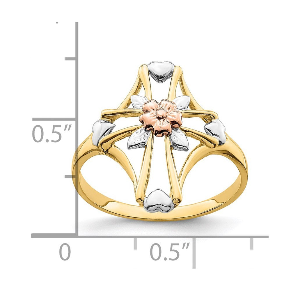 14K Two-tone Gold White Rhodium Polished Cross Flower Ring
