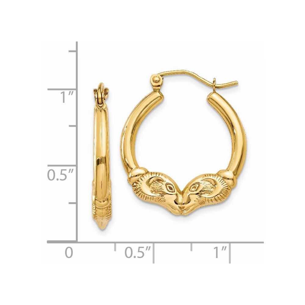 14k Yellow Gold Polished Ram Hoop Earrings Gift for Women