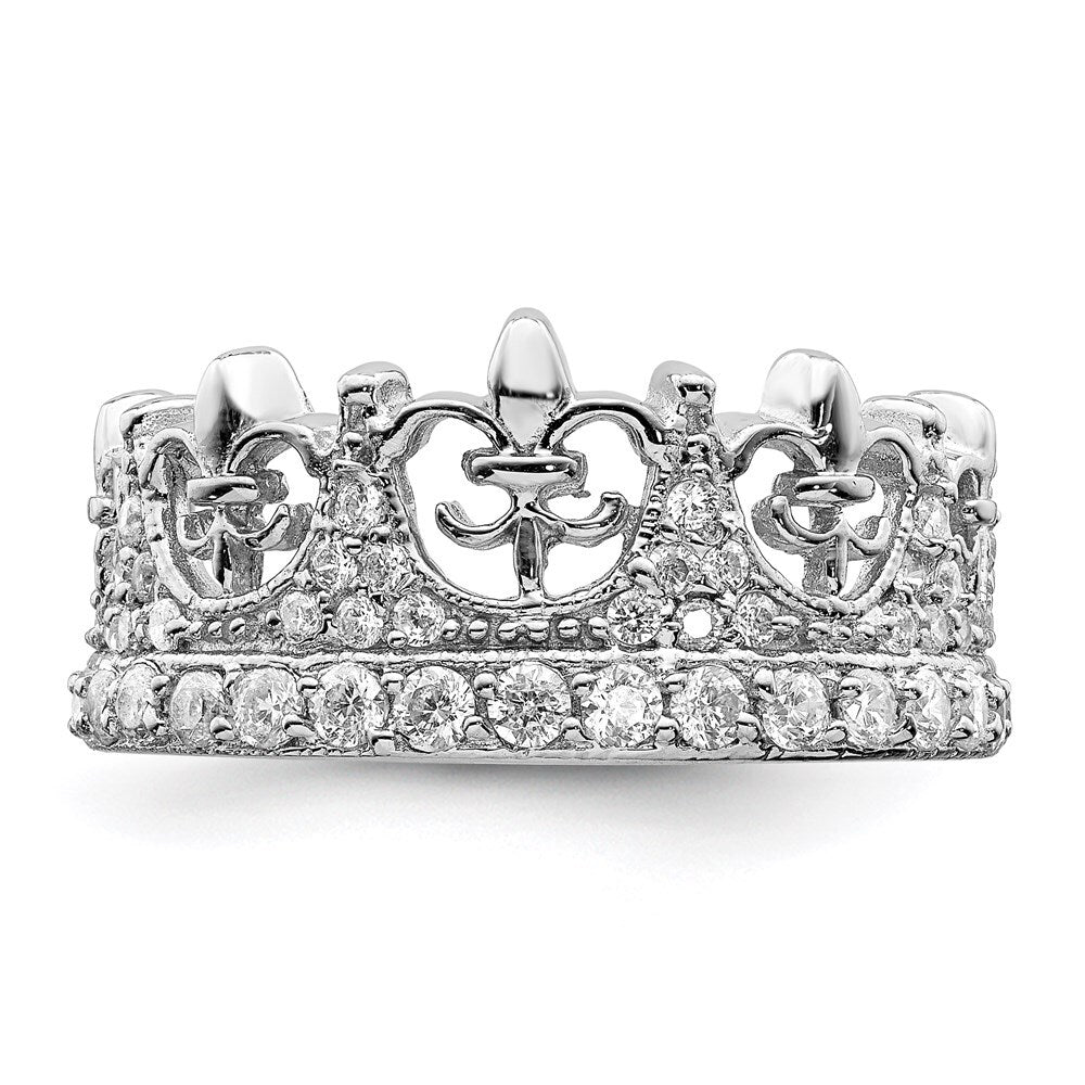 Sterling Silver Rhodium-plated Fleur-de-lis Crown Cubic Zirconia Ring Size 6