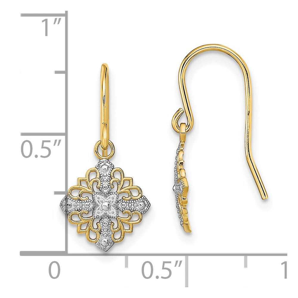 14k Yellow Gold Rhodium Fancy Filigree Dangle Wire Earrings Gift for Women
