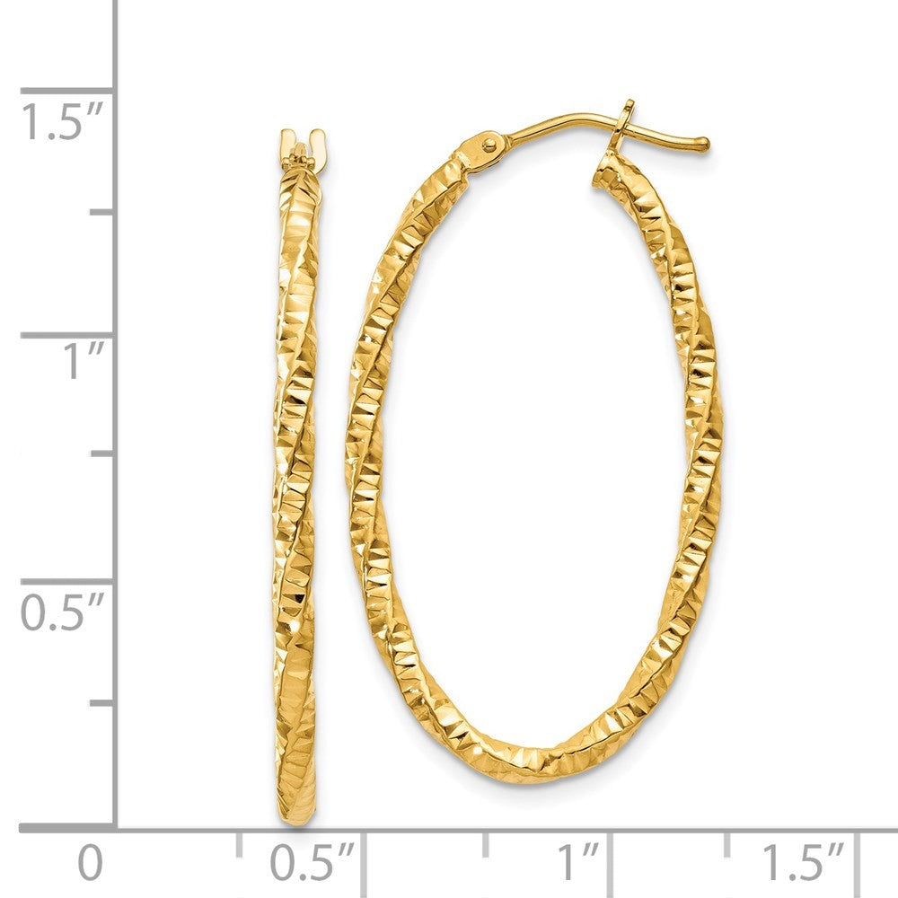 14k Yellow Gold 2mm Diamond-cut Oval Hoop Earrings