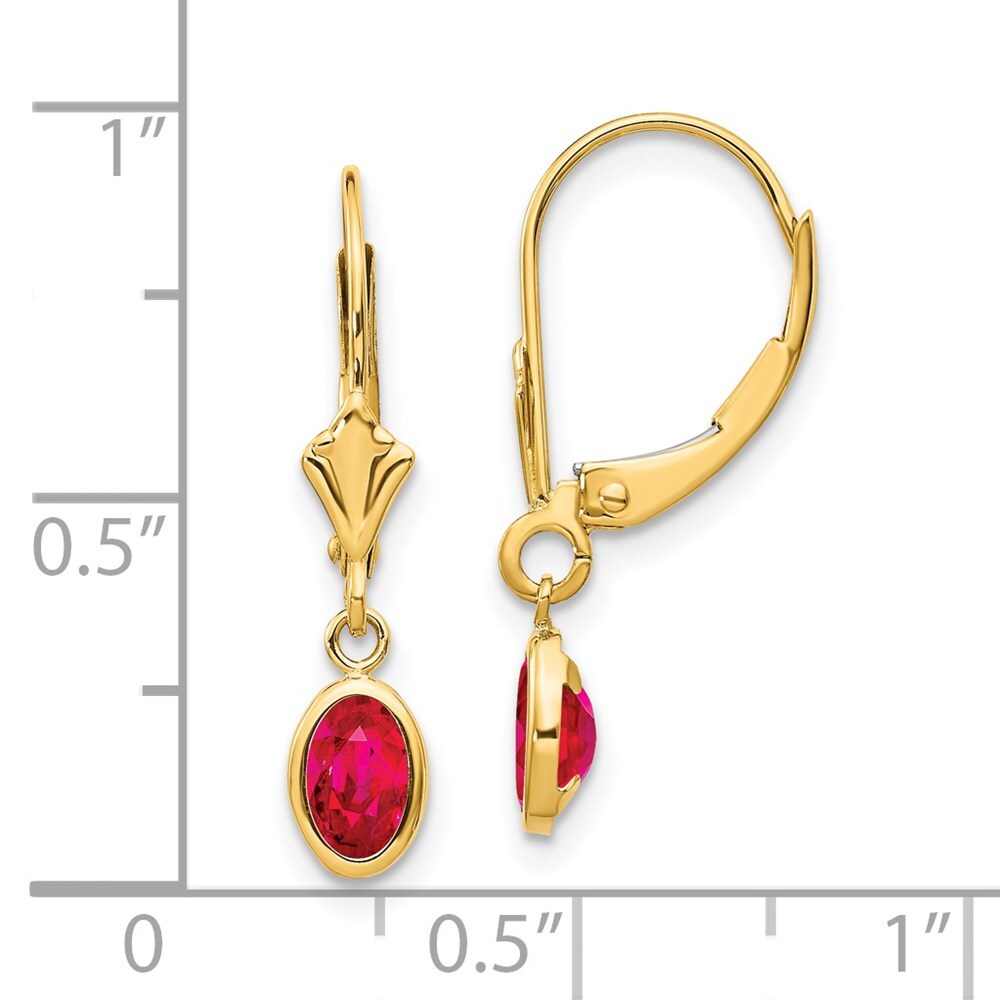14k Yellow Gold 6x4 Oval Bezel July/Ruby Dangle Earrings Leverback