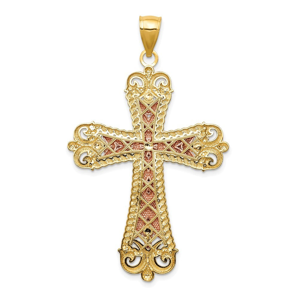 14K Tri-Color Gold W White Rhodium Crucifix Cross Pendant