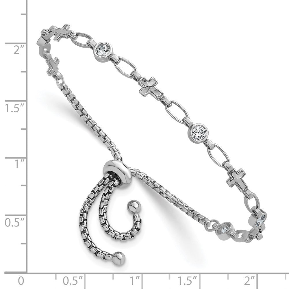Sterling Silver Rhodium-plated Round CZ and Cross Adjustable Bolo Bracelet
