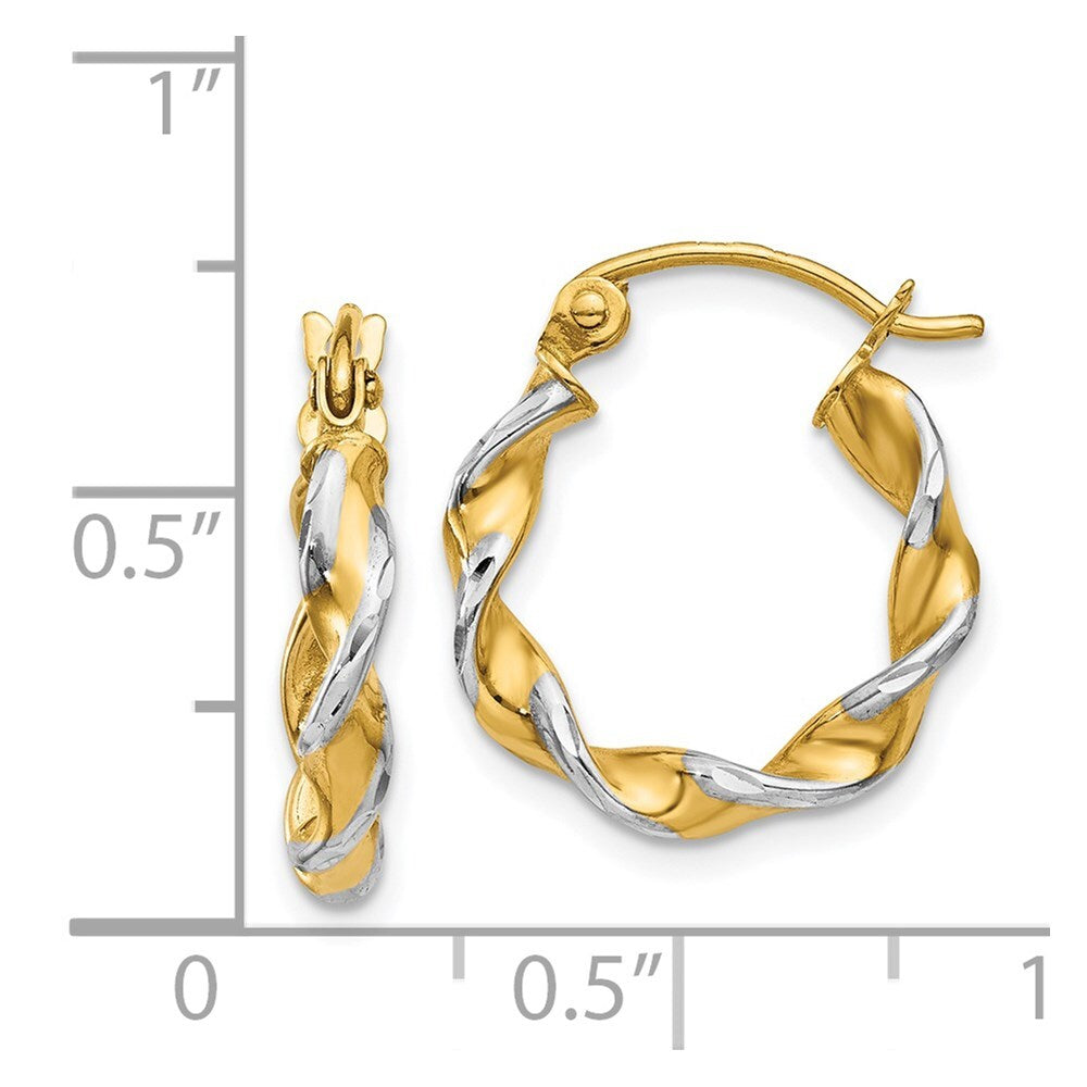 14k Yellow Gold White Rhodium Polished 2.75mm Fancy Twisted Hoop Earrings