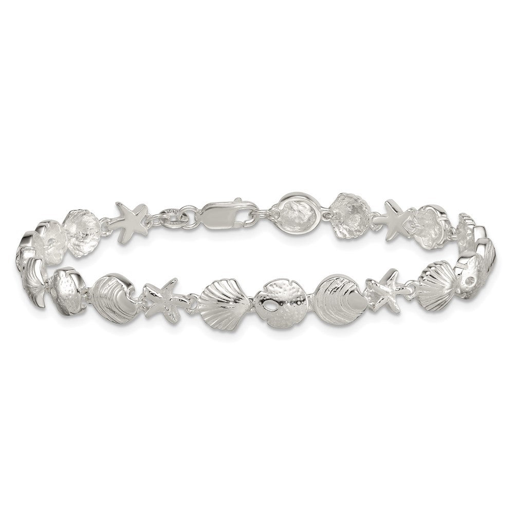 Sterling Silver Textured Starfish, Sand Dollar, and Sea Shell 7.25" Bracelet