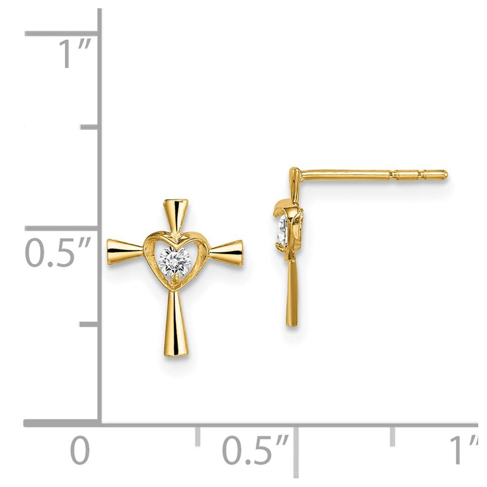 14k Yellow Gold Cubic Zirconia Cross with Heart Stud Earrings