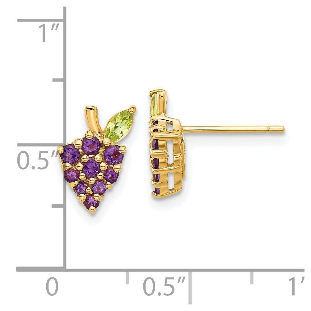 14k Yellow Gold Gold Amethyst and Peridot Grapes Stud Earrings Gift for Women