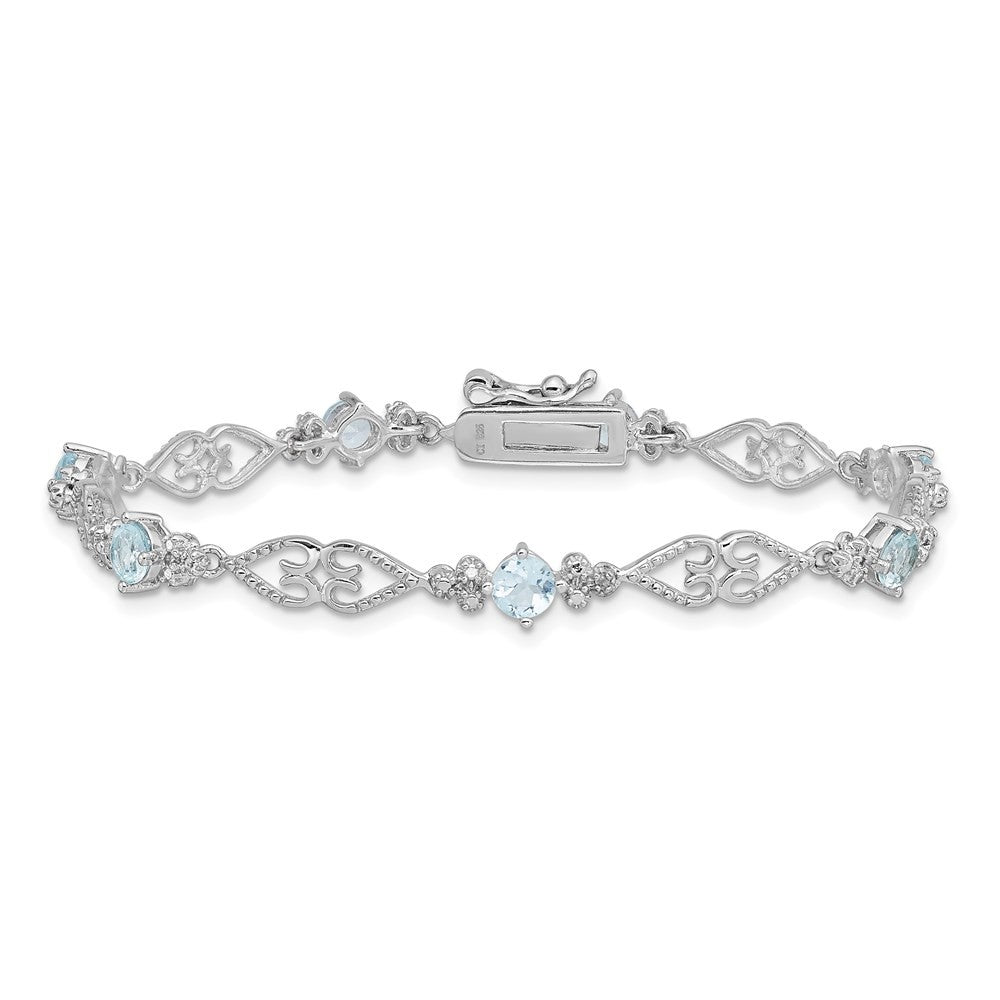 Sterling Silver Rhodium-plated Diamond Aquamarine Bracelet